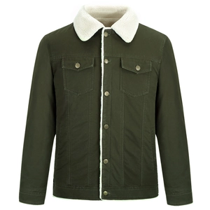 Veste militaire décontractée pour homme vert foncé avec col en polaire blanche et boutons