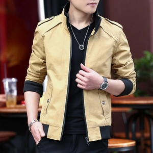 Men's slim fit khaki cotton jacket with stand collar and decorative shoulder straps