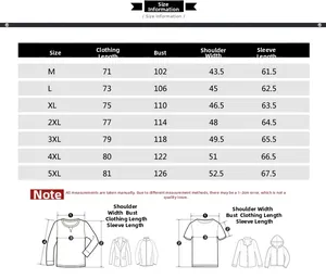 Detailed size chart for men's casual jacket showing measurements from size M up to 5XL
