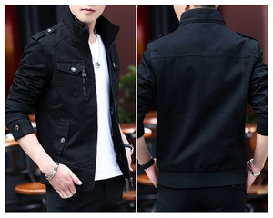 Detailed views of a black men's military jacket featuring cargo pockets and epaulettes