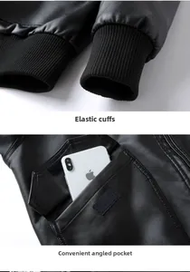 Detail of elastic cuffs and large functional pockets with velcro on men's leather jacket