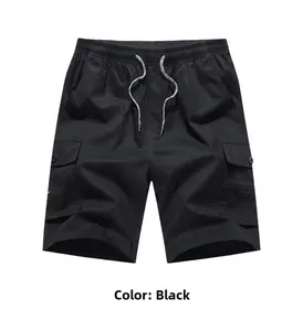 Detail of men's black cargo shorts featuring elastic drawstring waist and side pockets