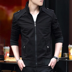 Slim fit black men's cotton jacket with stand collar and rib-knit cuffs in cafe setting