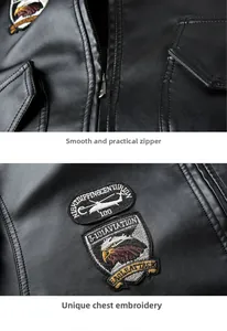 Close-up of black biker leather jacket with eagle embroidery and metallic zippers