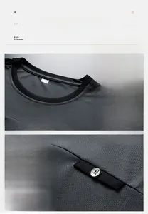 Macro shot of dark grey breathable mesh fabric with black neck rib and silver button detail