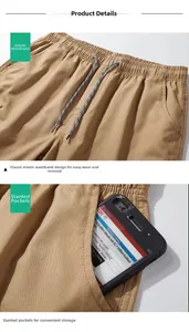Detail of khaki shorts featuring elastic waistband with drawstring and large side pockets