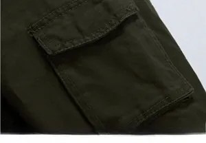 Detailed close-up of heavy cotton twill fabric and durable cargo pocket on olive jacket