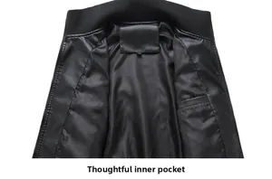 Detail view of the smooth inner lining and functional internal pocket of black PU leather jacket