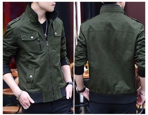 Detail view of military green cotton jacket with shoulder tabs and ribbed stand collar