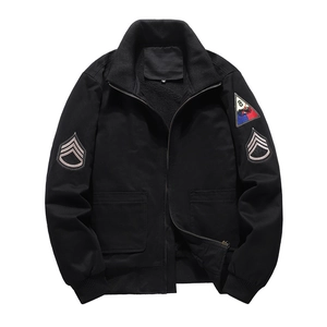 Men's MA1 military style flight jacket with black fleece lining and embroidered patches