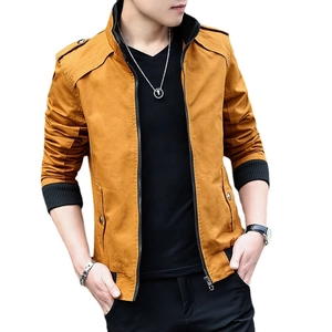 Men's slim fit mustard yellow washed cotton jacket with stand collar and epaulets