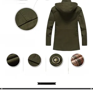 Detail of military green hooded jacket featuring metal buttons and plaid texture lining