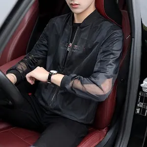 Men's thin black mesh sun protection jacket with breathable hollow sleeves and print