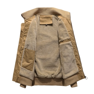 Men's khaki flight jacket with thick fleece lining and ribbed stand collar design
