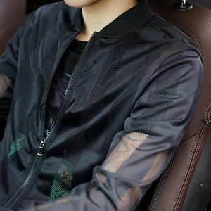 Men's breathable black mesh sun protection jacket with stylish stand collar and metal zipper