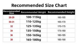 Detailed size chart for men's cargo shorts showing height and weight recommendations