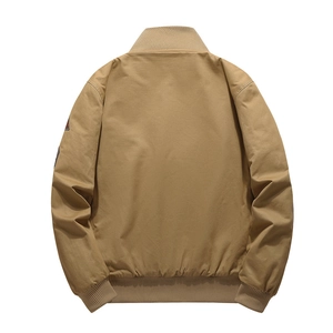 Back view of a khaki cotton MA1 bomber jacket with ribbed cuffs and sleeve embroidery