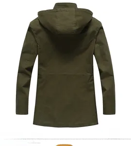 Back view detail of army green long parka jacket showing high-quality canvas fabric