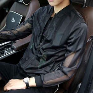 Men's breathable mesh sun protection jacket with vertical stripes in a casual black style