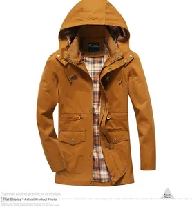 Detailed front view of ginger yellow hooded parka with classic red and blue plaid lining