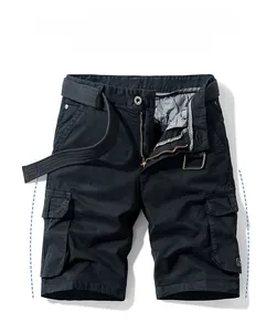 Detail view of cotton cargo shorts showing a checked inner waistband and woven belt