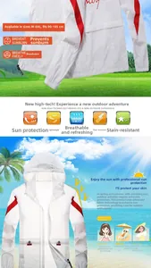 White sun protection jacket with red arm stripes and breathable tech fabric detail