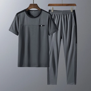 Men Short Sleeve Round Neck T-Shirt And Long Pants Breathable Mesh Contrast Stripe Summer Athletic Casual Sportswear
