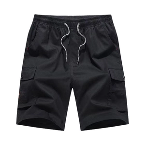 Men's casual black cargo shorts with elastic drawstring waist and multi-pocket design