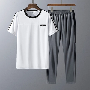 Men's summer sports set featuring white short-sleeve T-shirt and grey joggers with side stripes