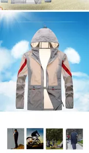Detail of grey lightweight sun protection jacket with red stripes and breathable fabric