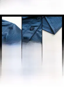 Detailed macro views of the navy blue ice silk knit polo shirt and fine rib texture