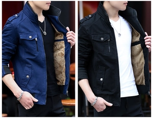 Detail of men's casual jacket with stand collar and warm lamb wool lining in navy and black