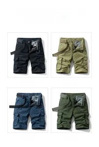 Detail view of multi-pocket cargo shorts in black, khaki, navy blue and army green colors
