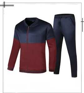 Flat lay of men's navy blue and burgundy tracksuit with stand collar and ribbed cuffs