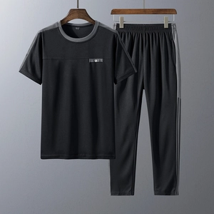 Men's summer casual two-piece tracksuit with short sleeve t-shirt and athletic pants in black