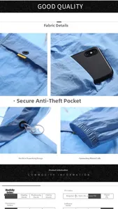 Detail view of light blue sun protection jacket featuring security pockets and drawstring hood