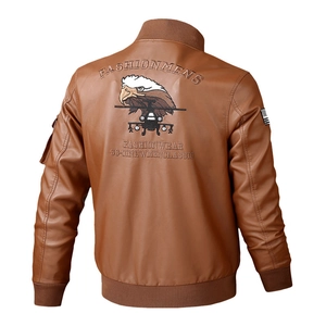 Men's brown PU leather bomber jacket featuring an eagle head embroidery on the back