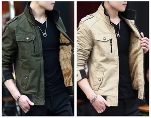 Detail of casual military jacket showing warm fleece lining and chest pocket textures