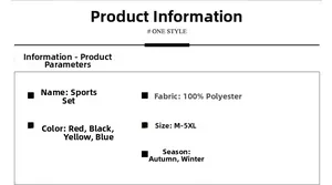 Detailed chart showing autumn men's sports set specifications in 100% polyester fabric