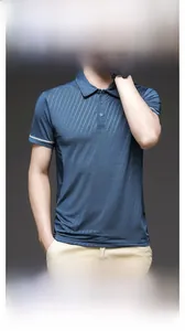 Close-up of blue ice silk Polo shirt with breathable twill texture and white stripe details