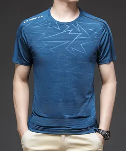 Close-up of navy blue ice silk t-shirt featuring geometric mesh texture and sporty dry-fit fabric