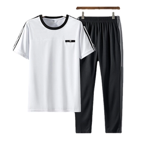 Men's summer casual sportswear set with white short-sleeve t-shirt and black pants
