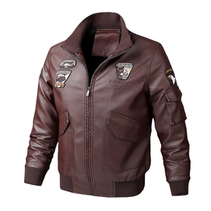 Men's dark brown PU leather bomber jacket with military badges and ribbed trim