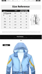 Detailed size chart for men's sun protection jacket with M to 4XL dimensions and guide