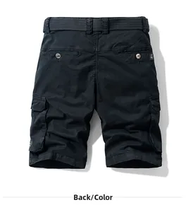 Rear view of black cargo shorts with multi-pockets and woven belt on white background