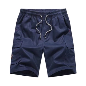 Navy blue men's cargo shorts with elastic drawstring waist and side utility pockets