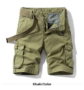 Close-up of khaki cargo shorts with canvas belt and checkered inner waistband lining
