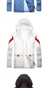 Detail view of ultra-thin sun protection jackets in blue, white, and black with hooded zip design