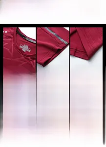 Detail view of burgundy men's compression shirt showing neck construction and fine fabric texture