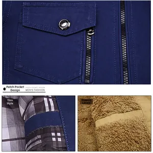 Detail of navy men jacket featuring snap button pocket and fleece versus plaid lining